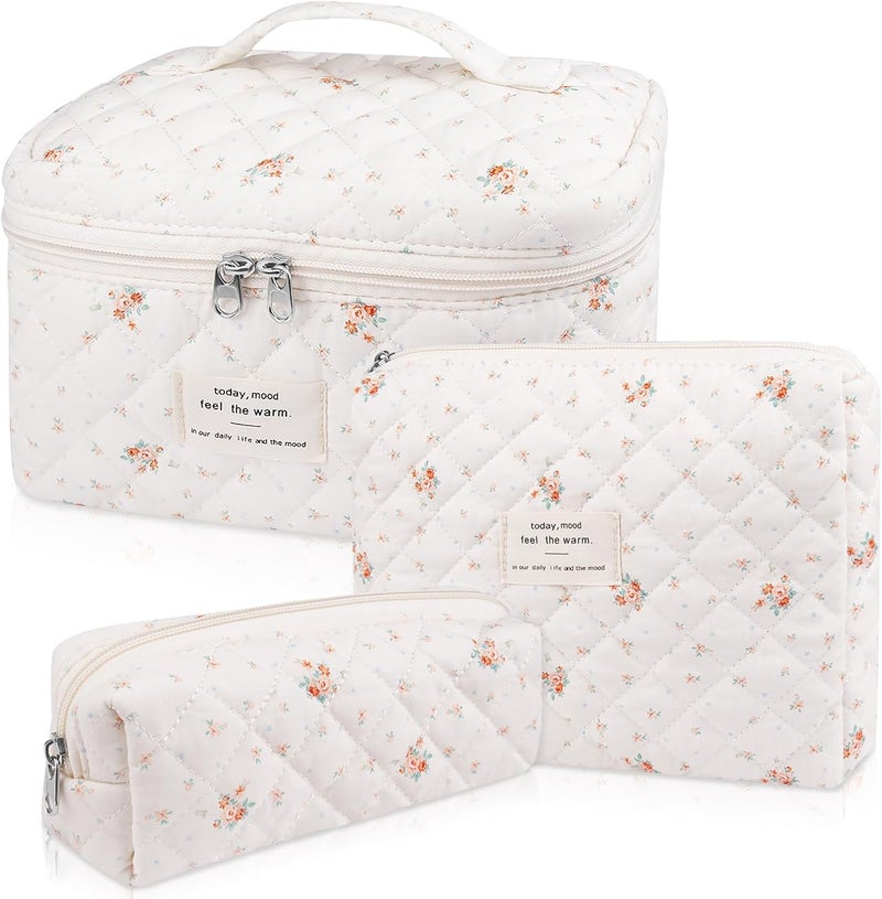 Gosect Makeup Bag Set, Quilted Makeup Bag, Large Floral Cosmetic Bag for Women, Cute Cotton Makeup Bags, Flower Travel Toiletry Organizer Bag (Rose Plaid Pattern) - Image 1
